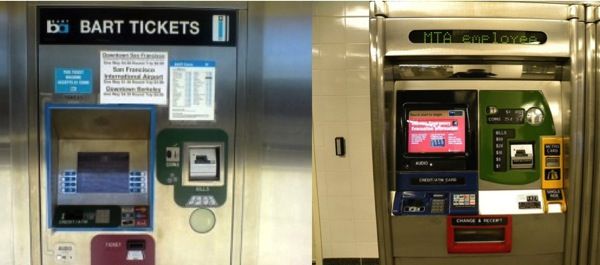 Old BART ticket machine, compared to MTA ticket machine of the same era