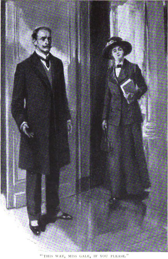 A man ushers a woman in a suit and hat, carrying a book, through a door.