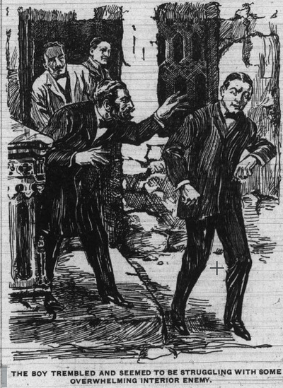 A bearded man approaches a distressed-looking boy, who stands with his eyes closed. Two other men watch in the background.