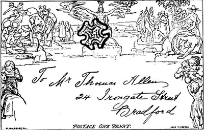 Drawing of a Mulready Envelope, Britannia center, elephants, families, address in the center.