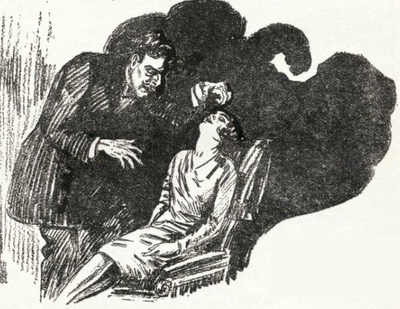 A man puts a woman sitting in a chair into hypnotic sleep.