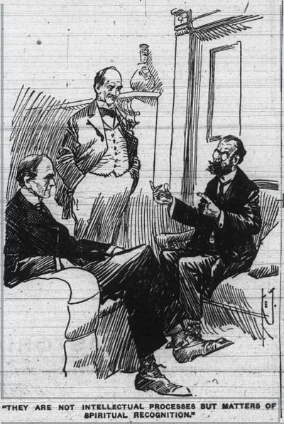 The bearded, spectacled Dr. Immanuel expounds his views to two listening men, one seated, one standing.