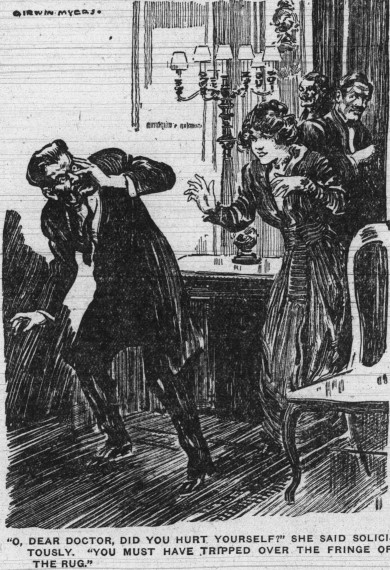 Gladys Aldyne rushes to assist Dr. Immanuel, who stands clutching his jaw. Paul Tarrant and the narrator look on in the background.