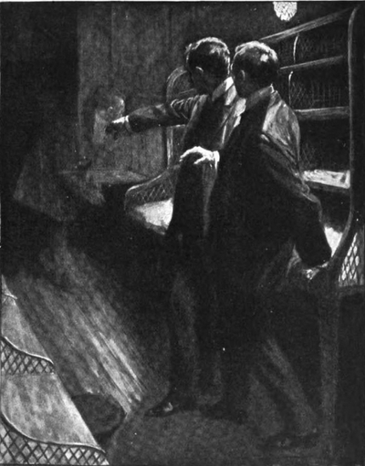 Ghost of a man searching a cupboard as two other men look and point in fear.