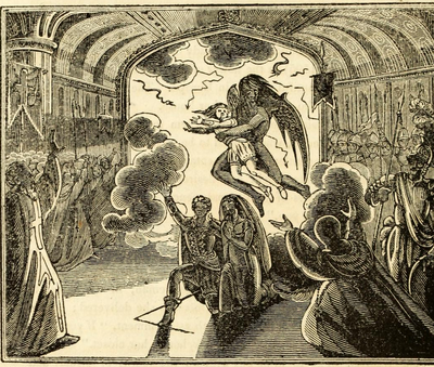 Scene of man carried off by the devil, from the play Valmondi.