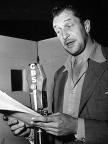 Vincent Price at radio microphone.