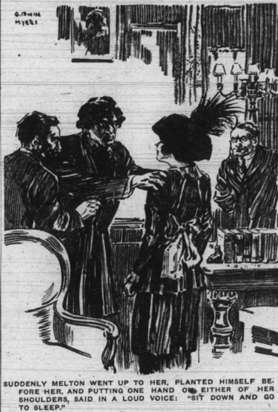 Melton holds onto the young woman's shoulders and hypnotizes her, while Dr. Immanuel and and angry Paul Tarrant look on.