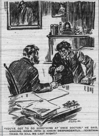 An agitated man in an armchair speaks to the bearded Dr. Immanuel, who is sitting at his desk.