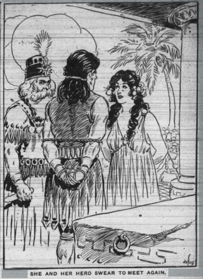 A man and a woman stand facing each other, both with their arms bound. In the foreground is a sacrificial altat. Behind them stands a bearded man in ceremonial garments, watching them and holding a knife.