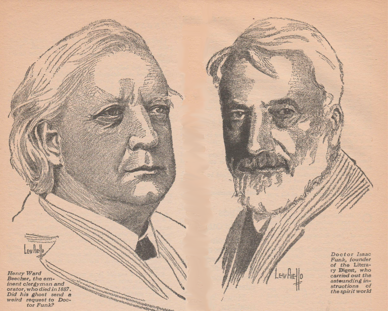 Portraits of Henry Ward Beecher and Isaac Funk, facing each other.