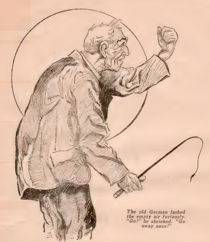 An old man holds a short whip in his right hand, and shakes his left hand in a threatening gesture.
