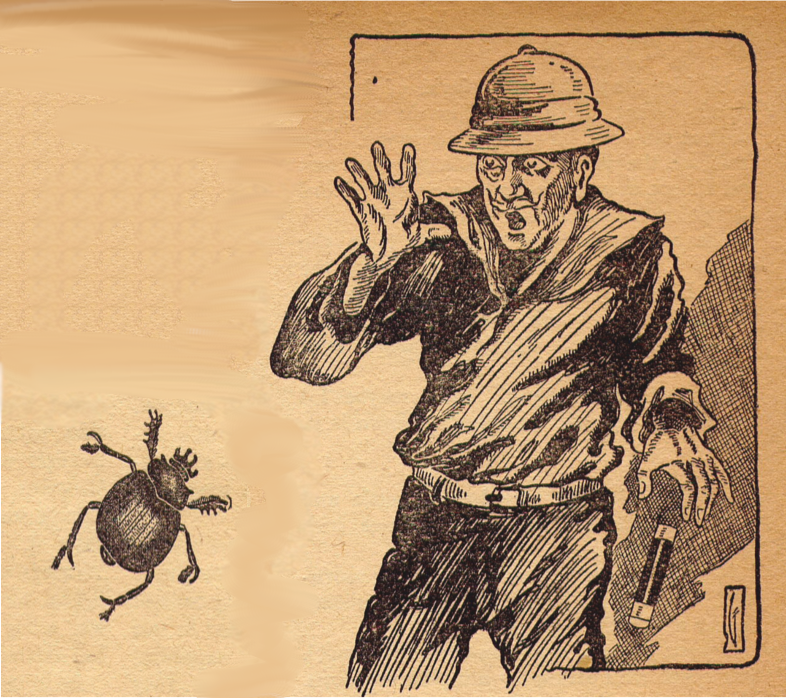 A man in explorer gear, with pith helmet, reacts in surprise at a giant beetle.