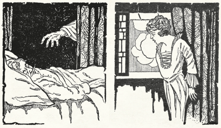 A man sleeps on a bed as a ghostly hand reaches out from behind a curtain over him. A woman stands near a window, looking on in horror.