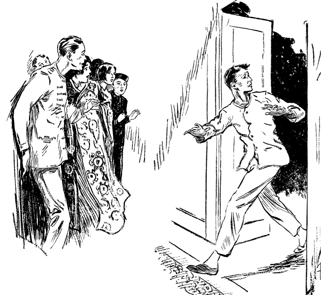 A group of people, some dressed in sleeping gear and one dressed as a porter, watch in alarm as a man in pyjamas flees his hotel room, looking over his shoulder in fear.