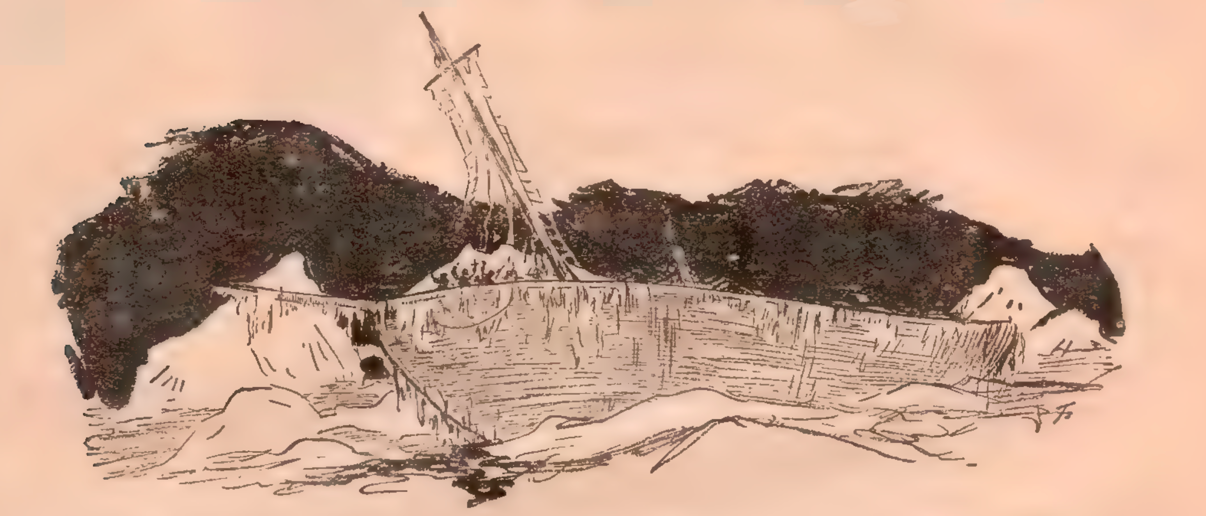 A frozen sailing ship with a broken mask lies caught in the ice among icebergs