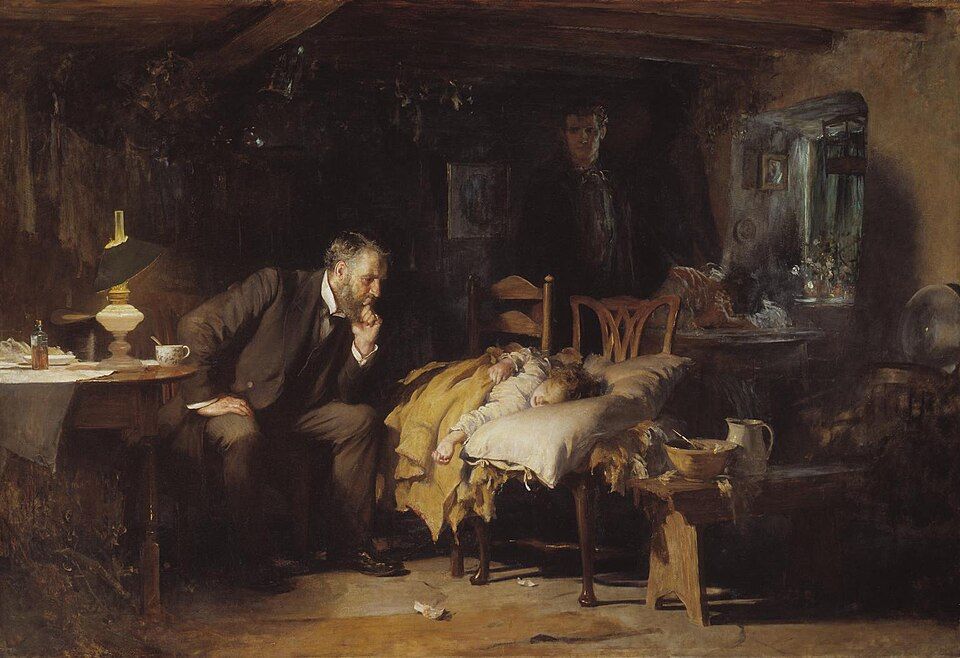 A doctor sits leaning over a young girl who is sleeping on a makeshift bed made with pillows on two chairs. Far in the background, the mother sits with her head down on a table, weeping, with her hands clasped as in prayer. Her husband stands behind her, with his hand on her shoulder.
