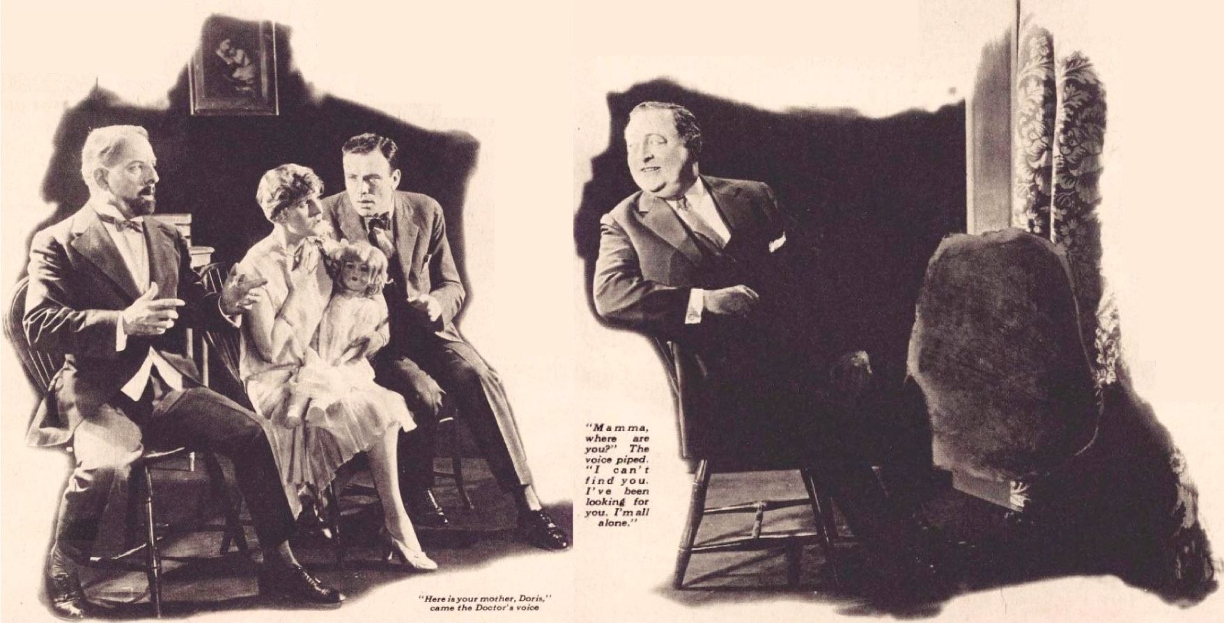 A woman holding a doll sits between two men, while a third man looks back over his shoulder, smiling at her.