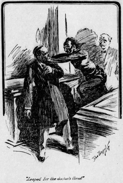 Long-haired, bearded man attacks another, spectacled, frock-coat wearing man. Another man in background watches.