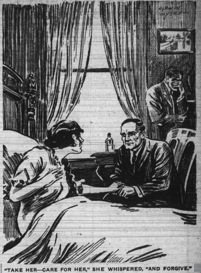 A woman sitting up in bed, clasping the hands of a man seated next to the bed. In the background, a window. Beneath the window is a bottle of medicine. A grieving man stands near the window, one hand covering his face.