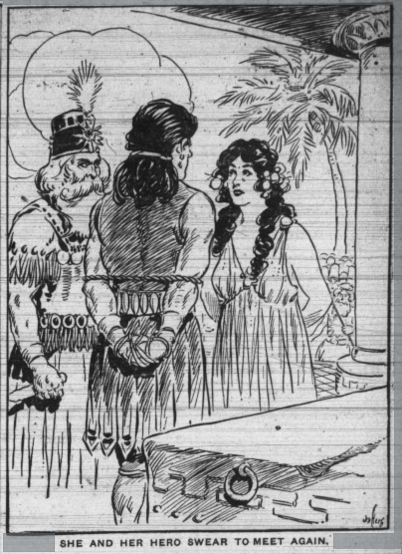 A man and a woman stand facing each other, both with their arms bound. In the foreground is a sacrificial altat. Behind them stands a bearded man in ceremonial garments, watching them and holding a knife.