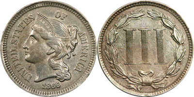 U.S. 3-cent nickel, front and back