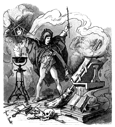 Illustration of the Sorcerer's Apprentice trying to bring the broom to life. Ferdinand Barth