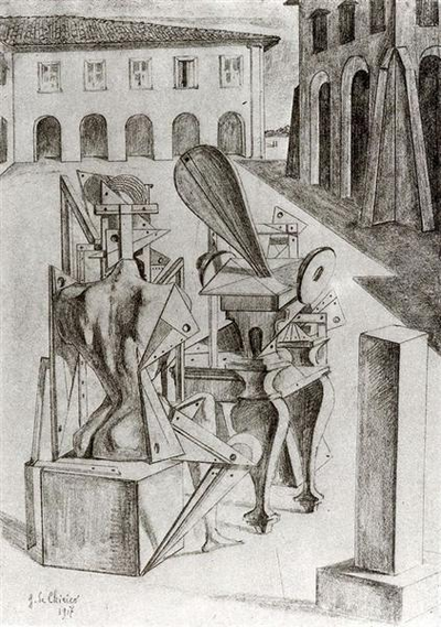 Allegorical sketch of beings in a courtyard, both made of mathematical instruments