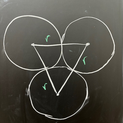 Sketch of three circles of radius r, just touching each other in a triangle shape