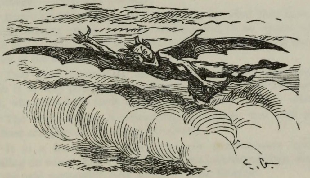 A vetala, or Indian vampire, with horns and wings, flying through clouds