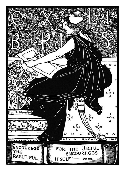 Art Nouveau style bookplate showing a seated woman writing on a piece of paper.